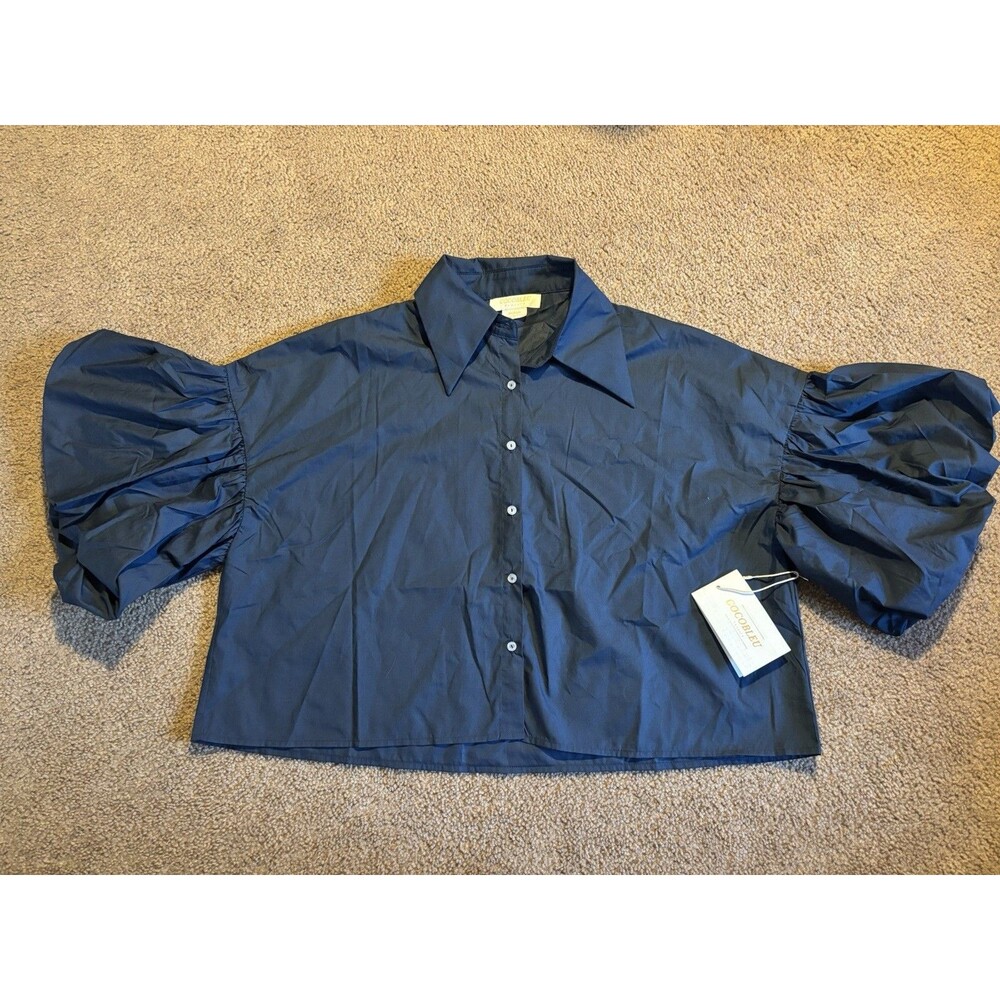 Cocobleu Women’s Puff Sleeve Navy Blue Top Medium Oversized Button Down Collared